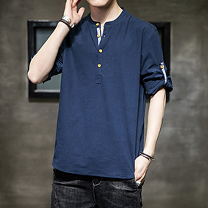 Koszula męska z krótkim rękawem i półguzikami Buddha Stones Summer Solid z lnu - image 24