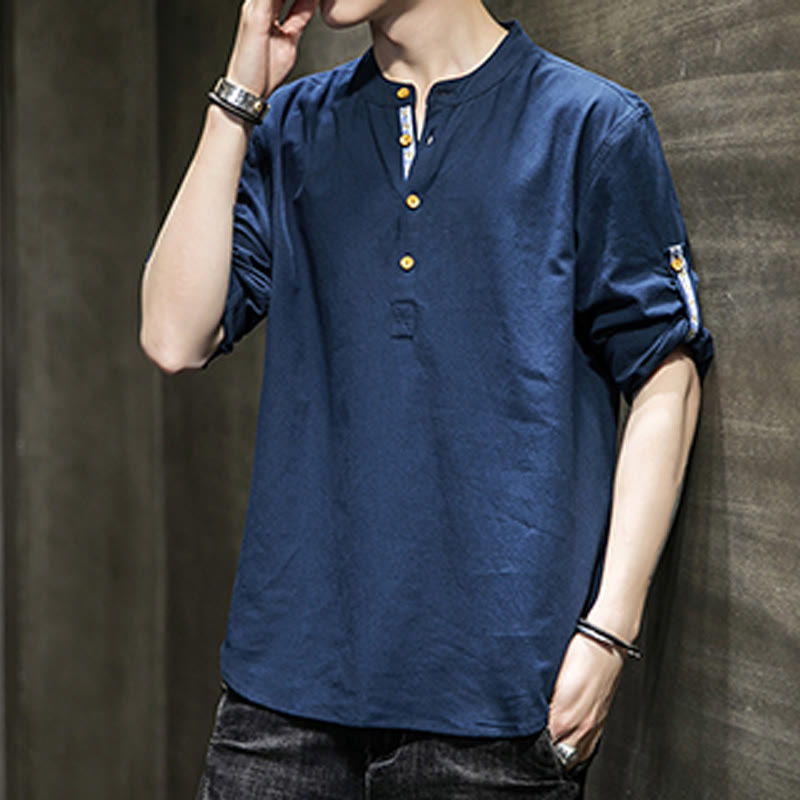 Koszula męska z krótkim rękawem i półguzikami Buddha Stones Summer Solid z lnu - image 21