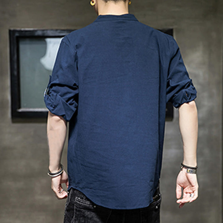 Koszula męska z krótkim rękawem i półguzikami Buddha Stones Summer Solid z lnu - image 18