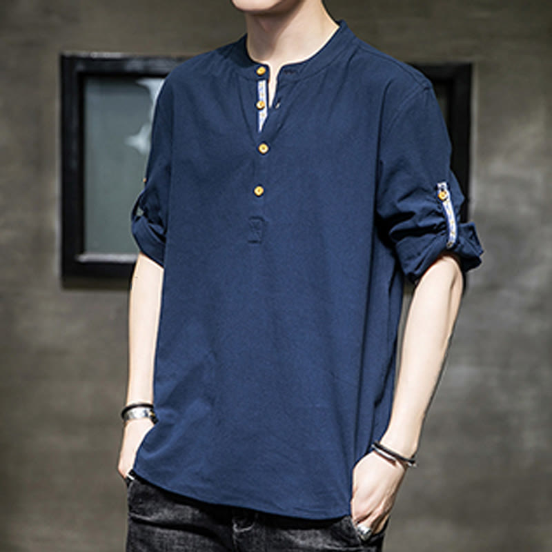 Koszula męska z krótkim rękawem i półguzikami Buddha Stones Summer Solid z lnu - image 20