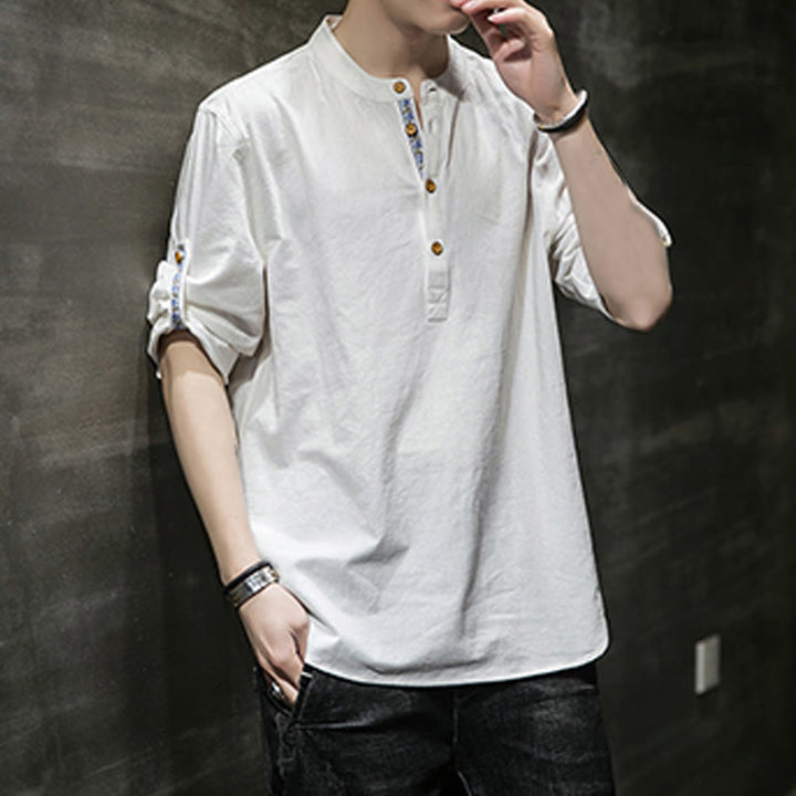 Koszula męska z krótkim rękawem i półguzikami Buddha Stones Summer Solid z lnu - image 31