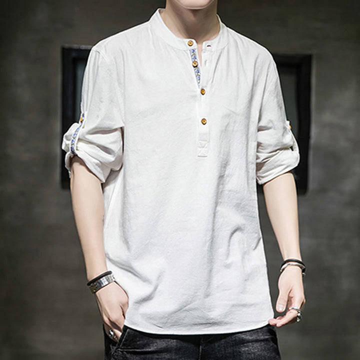 Koszula męska z krótkim rękawem i półguzikami Buddha Stones Summer Solid z lnu - image 30