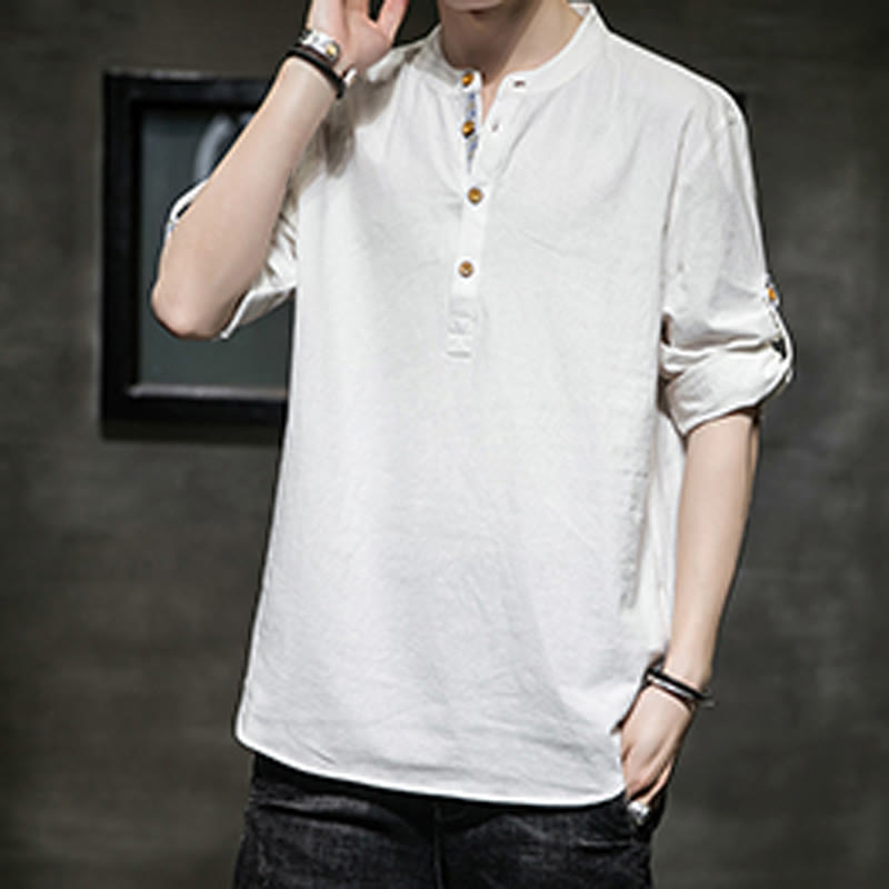 Koszula męska z krótkim rękawem i półguzikami Buddha Stones Summer Solid z lnu - image 28