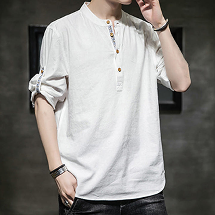 Koszula męska z krótkim rękawem i półguzikami Buddha Stones Summer Solid z lnu - image 27