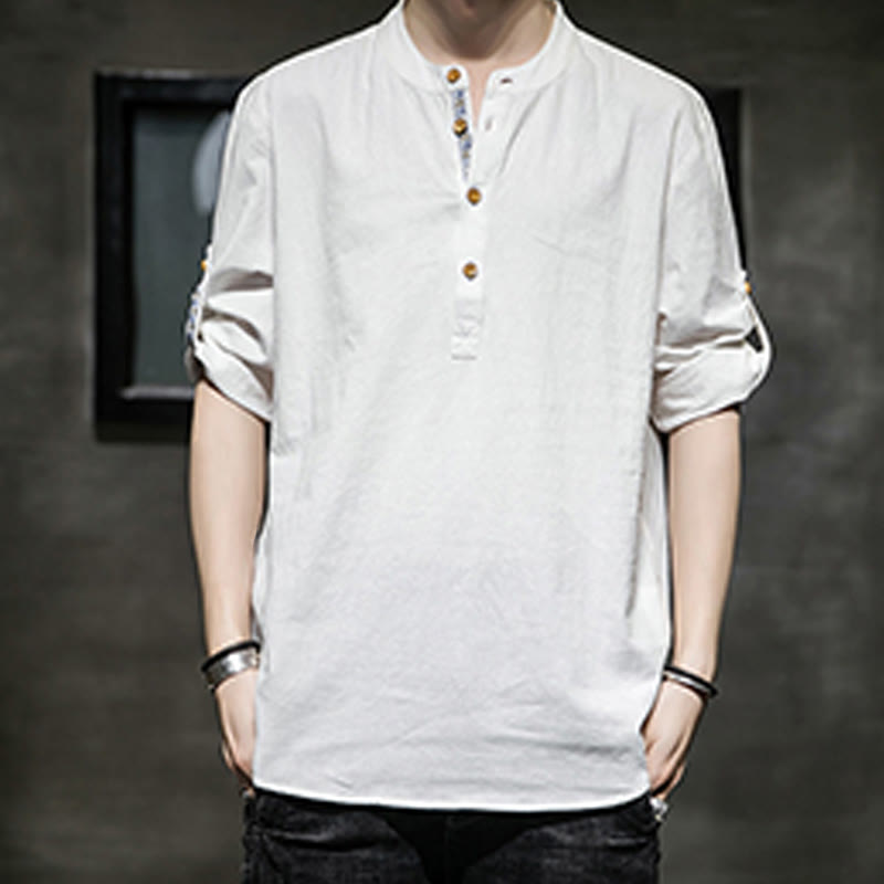 Koszula męska z krótkim rękawem i półguzikami Buddha Stones Summer Solid z lnu - image 29