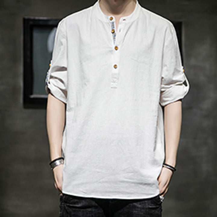 Koszula męska z krótkim rękawem i półguzikami Buddha Stones Summer Solid z lnu - image 29