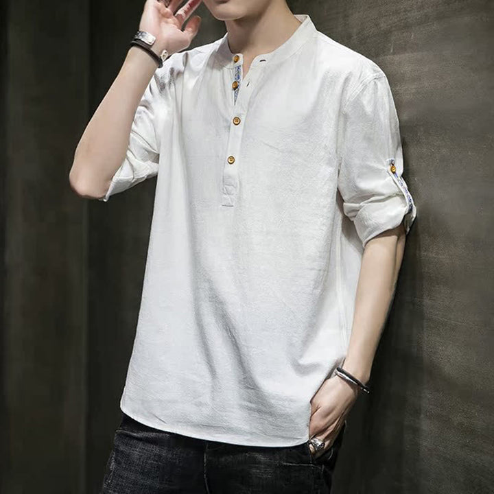 Koszula męska z krótkim rękawem i półguzikami Buddha Stones Summer Solid z lnu - image 32