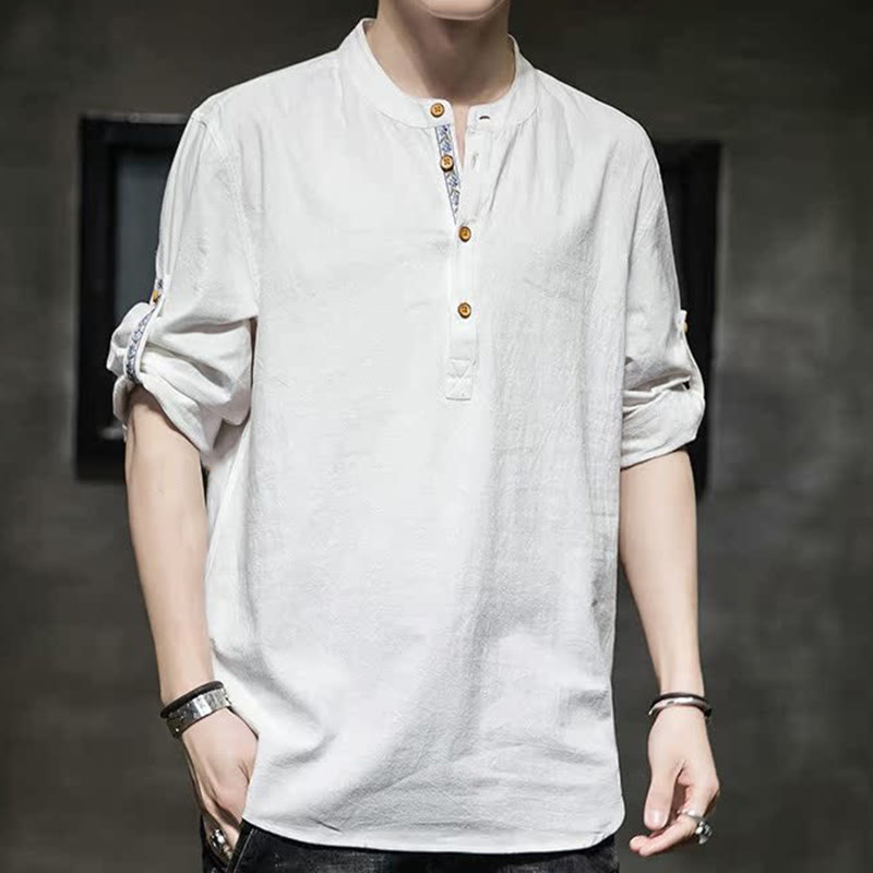 Koszula męska z krótkim rękawem i półguzikami Buddha Stones Summer Solid z lnu - image 33