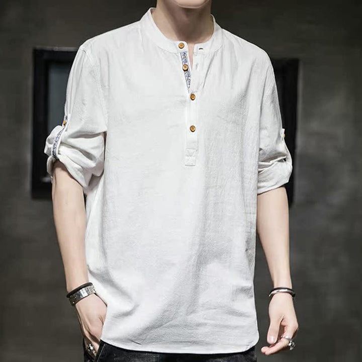 Koszula męska z krótkim rękawem i półguzikami Buddha Stones Summer Solid z lnu - image 33