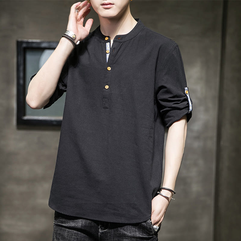 Koszula męska z krótkim rękawem i półguzikami Buddha Stones Summer Solid z lnu - image 10