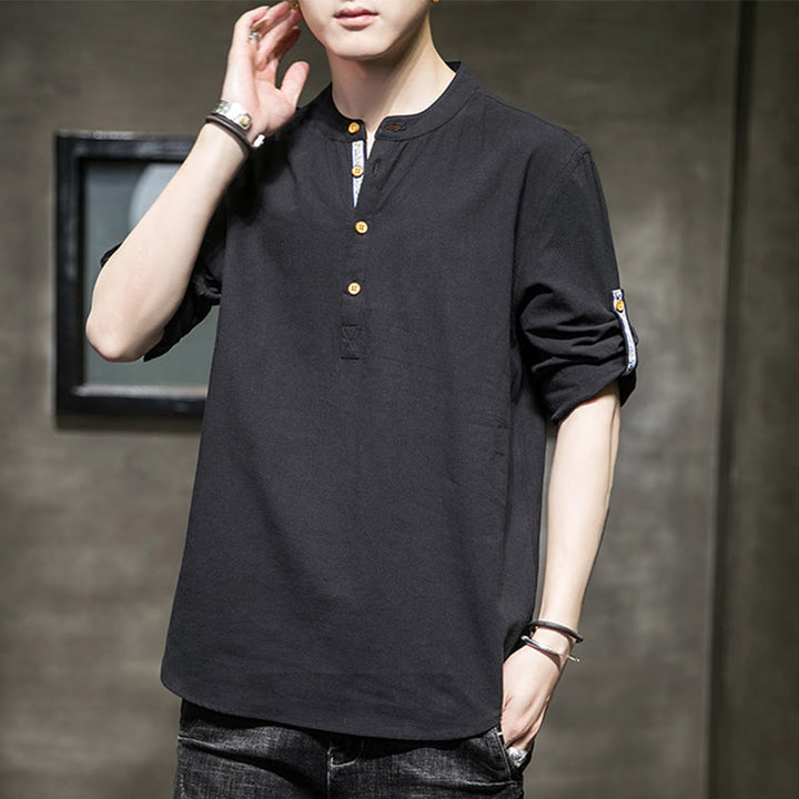 Koszula męska z krótkim rękawem i półguzikami Buddha Stones Summer Solid z lnu - image 10