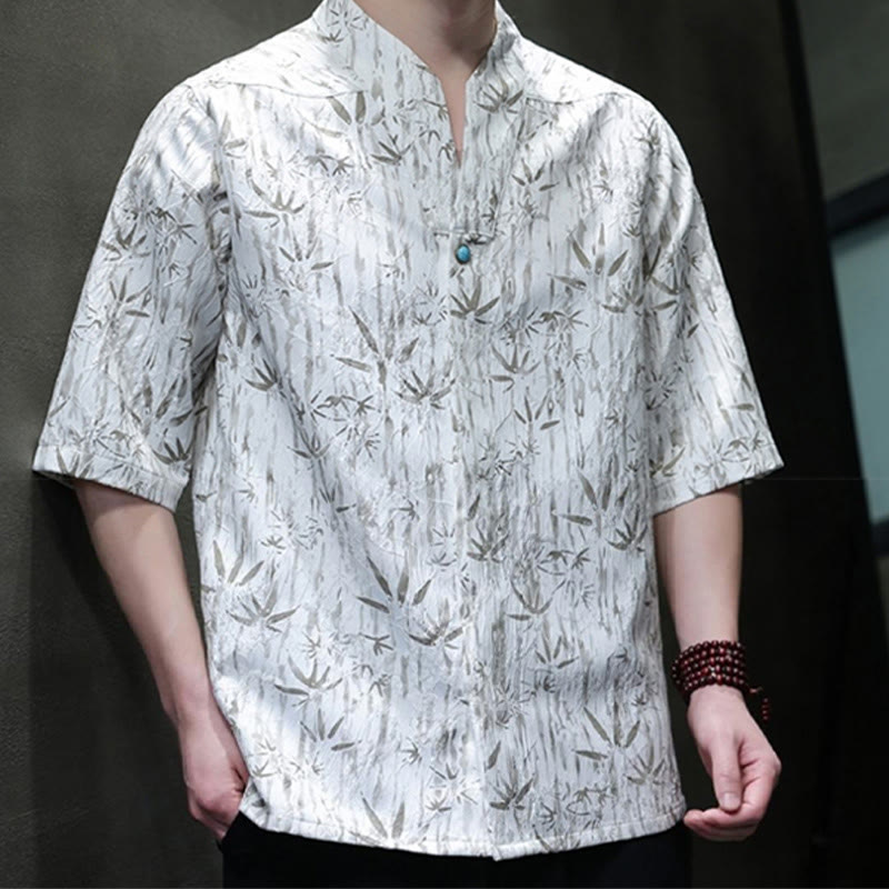 Koszula męska z lnianego materiału Buddha Stones Summer Golden Bamboo Jacquard Half Sleeve - image 9