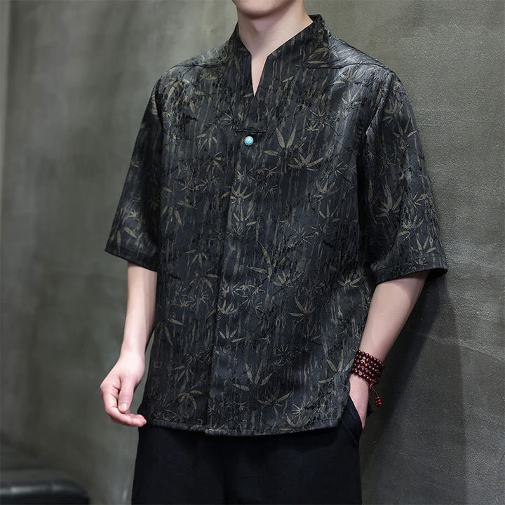 Koszula męska z lnianego materiału Buddha Stones Summer Golden Bamboo Jacquard Half Sleeve - Czarny - US/UK/AU46， EU56 (5XL) - image 0