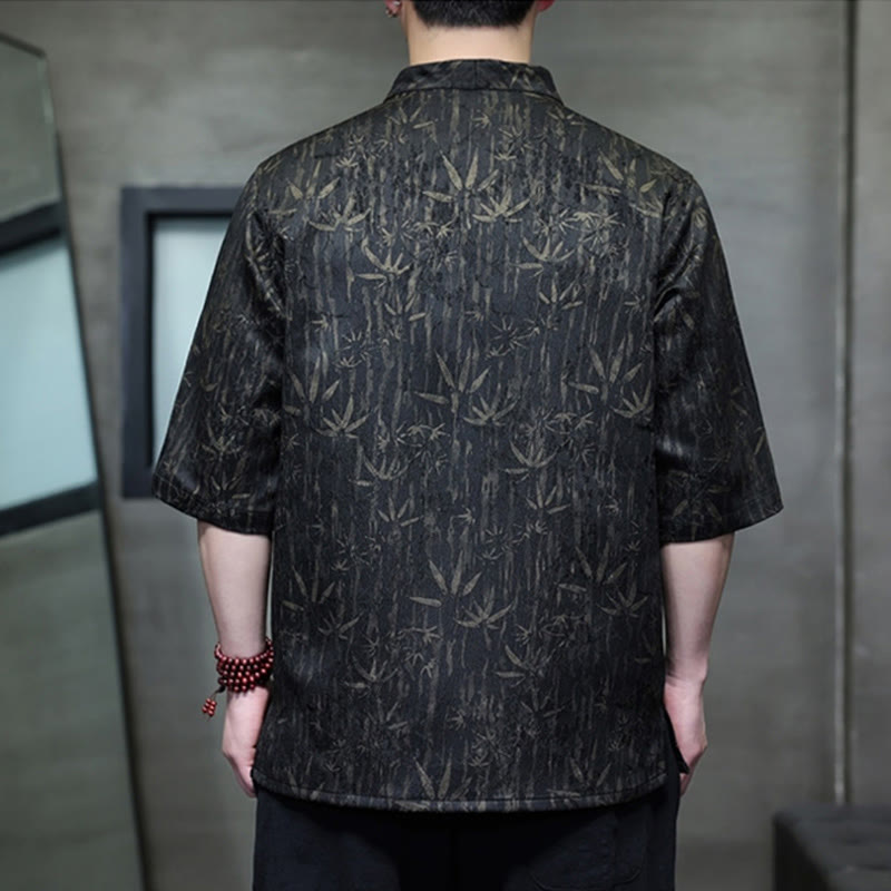 Koszula męska z lnianego materiału Buddha Stones Summer Golden Bamboo Jacquard Half Sleeve - image 1
