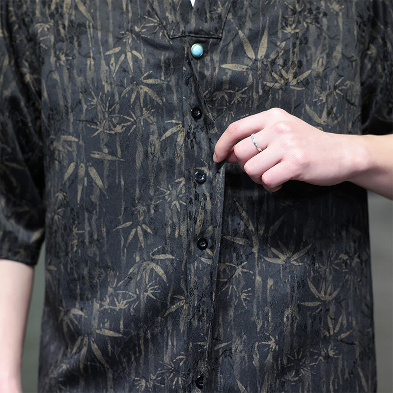 Koszula męska z lnianego materiału Buddha Stones Summer Golden Bamboo Jacquard Half Sleeve - image 2