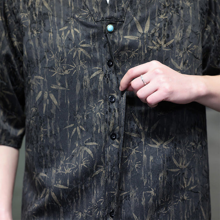 Koszula męska z lnianego materiału Buddha Stones Summer Golden Bamboo Jacquard Half Sleeve - image 2