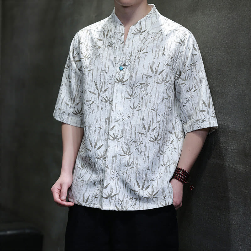 Koszula męska z lnianego materiału Buddha Stones Summer Golden Bamboo Jacquard Half Sleeve - Biały - US/UK/AU46， EU56 (5XL) - image 8