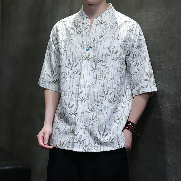 Koszula męska z lnianego materiału Buddha Stones Summer Golden Bamboo Jacquard Half Sleeve - Biały - US/UK/AU46， EU56 (5XL) - image 8