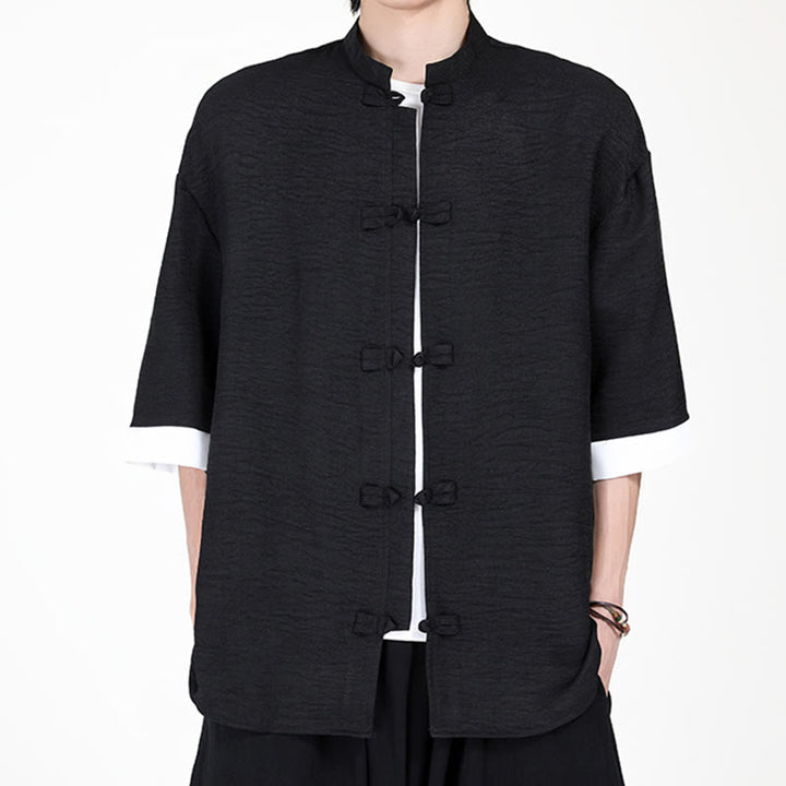 Koszula męska z krótkim rękawem Buddha Stones Plain Tang Suit z żabim guzikiem - Czarny - US/UK/AU46， EU56 (5XL) - image 7