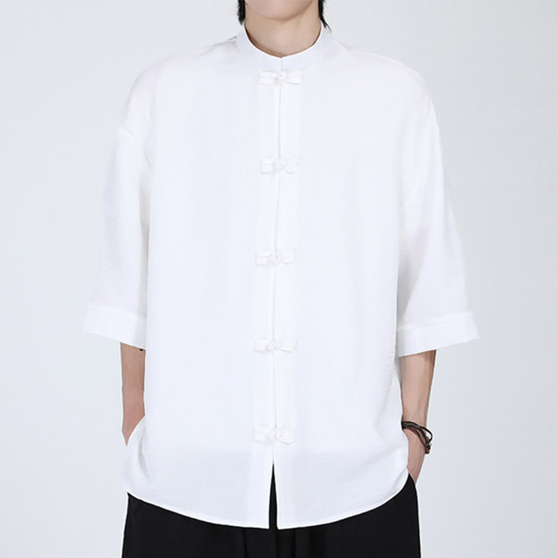 Koszula męska z krótkim rękawem Buddha Stones Plain Tang Suit z żabim guzikiem - Biały - US/UK/AU46， EU56 (5XL) - image 1