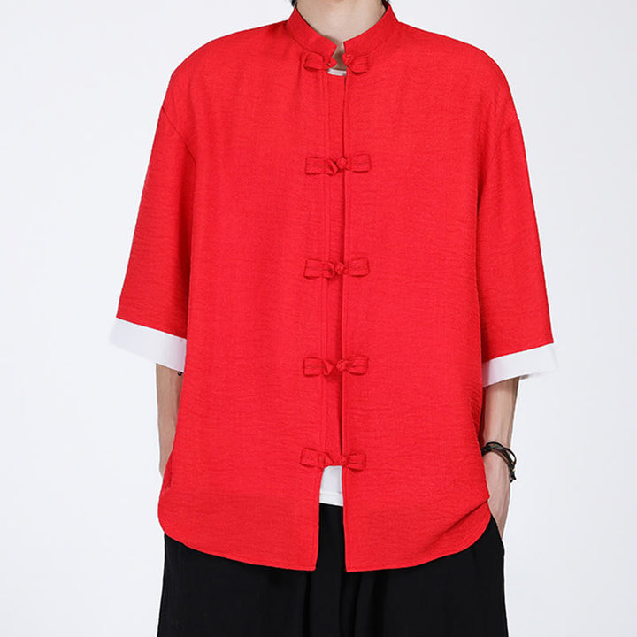 Koszula męska z krótkim rękawem Buddha Stones Plain Tang Suit z żabim guzikiem - Czerwony - US/UK/AU46， EU56 (5XL) - image 12