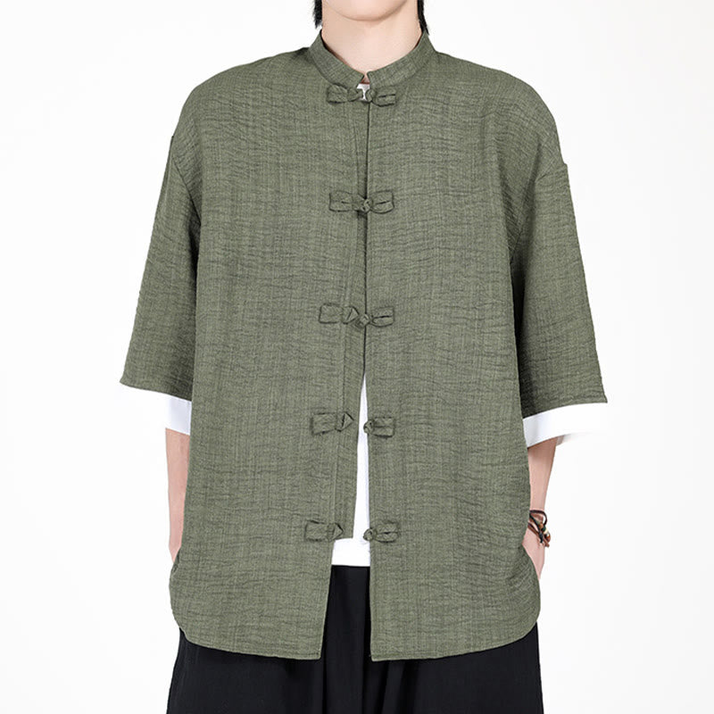 Koszula męska z krótkim rękawem Buddha Stones Plain Tang Suit z żabim guzikiem - DarkSeaGreen - US/UK/AU46， EU56 (5XL) - image 0