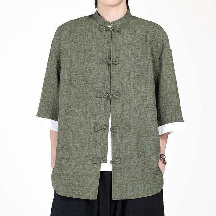 Koszula męska z krótkim rękawem Buddha Stones Plain Tang Suit z żabim guzikiem - DarkSeaGreen - US/UK/AU46， EU56 (5XL) - image 0