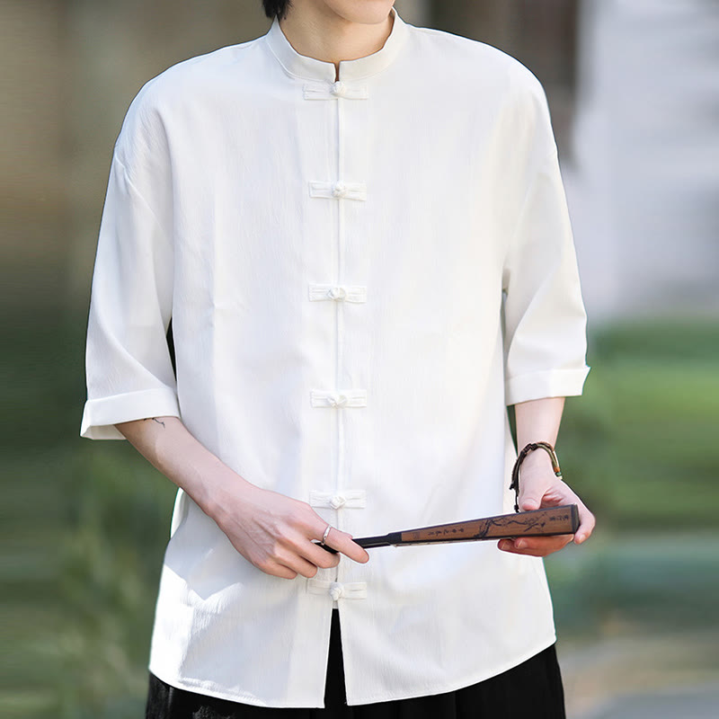 Koszula męska z krótkim rękawem Buddha Stones Plain Tang Suit z żabim guzikiem - image 4