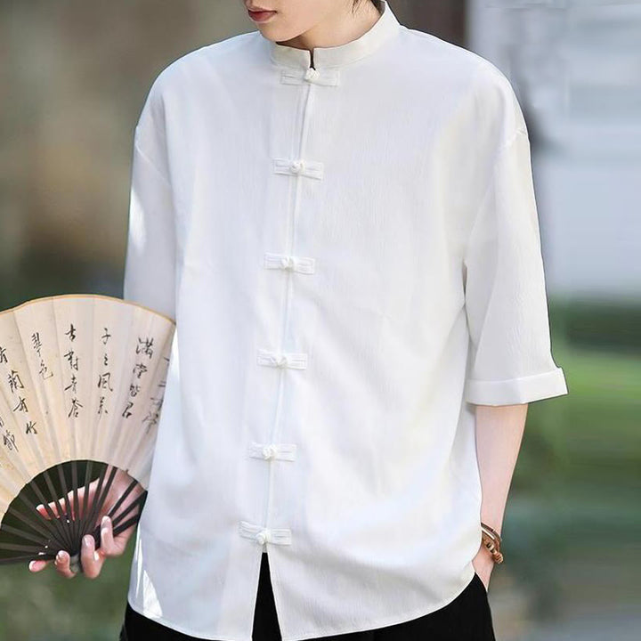 Koszula męska z krótkim rękawem Buddha Stones Plain Tang Suit z żabim guzikiem - image 3