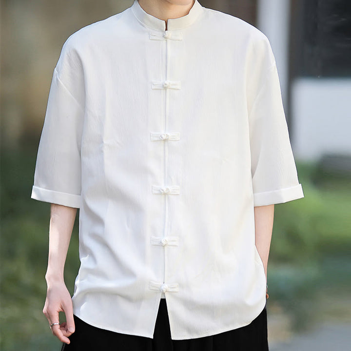 Koszula męska z krótkim rękawem Buddha Stones Plain Tang Suit z żabim guzikiem - image 5