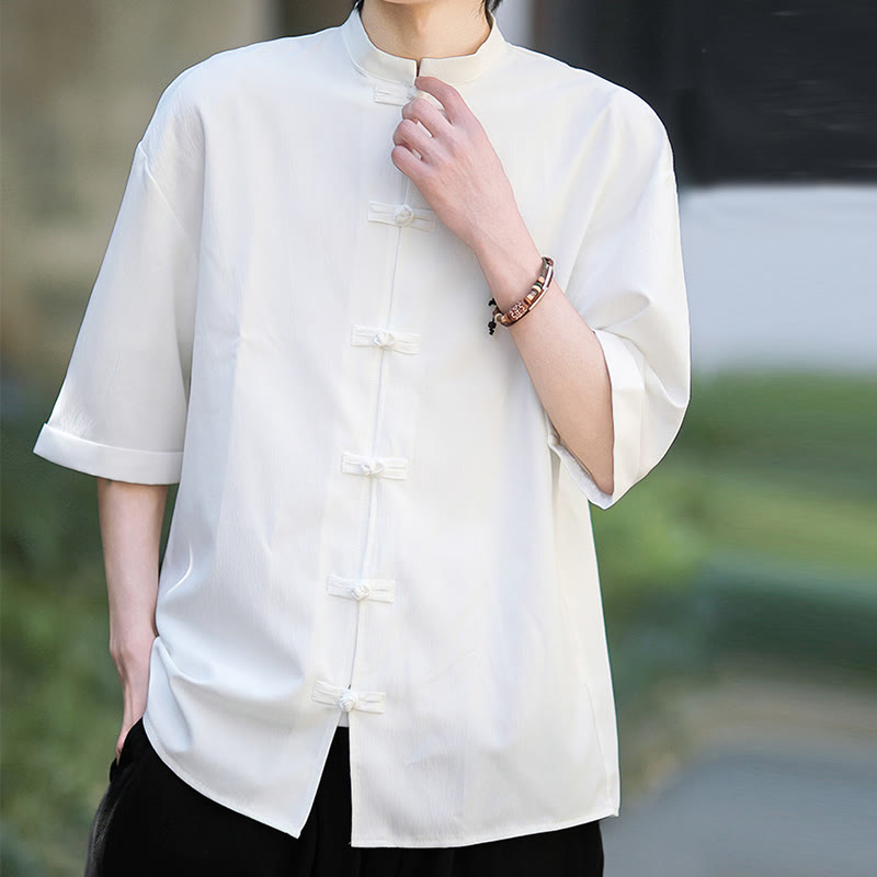 Koszula męska z krótkim rękawem Buddha Stones Plain Tang Suit z żabim guzikiem - image 6