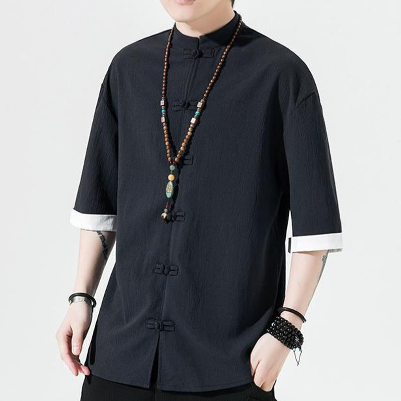 Koszula męska z krótkim rękawem Buddha Stones Plain Tang Suit z żabim guzikiem - image 11