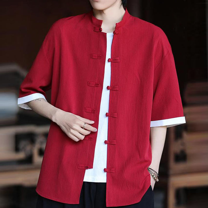 Koszula męska z krótkim rękawem Buddha Stones Plain Tang Suit z żabim guzikiem - image 15