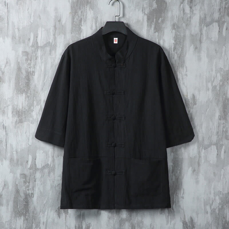 Buddha Stones Jednokolorowy garnitur Tang z żabą i guzikami Męska koszula lniana z krótkim rękawem i kieszeniami - Czarny - US/UK/AU46， EU56 (5XL) - image 7