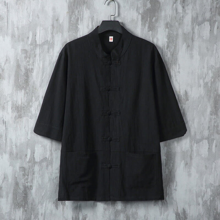 Buddha Stones Jednokolorowy garnitur Tang z żabą i guzikami Męska koszula lniana z krótkim rękawem i kieszeniami - Czarny - US/UK/AU46， EU56 (5XL) - image 7