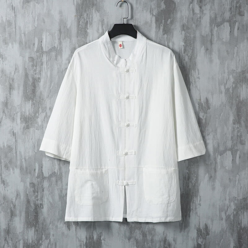 Buddha Stones Jednokolorowy garnitur Tang z żabą i guzikami Męska koszula lniana z krótkim rękawem i kieszeniami - Biały - US/UK/AU46， EU56 (5XL) - image 2