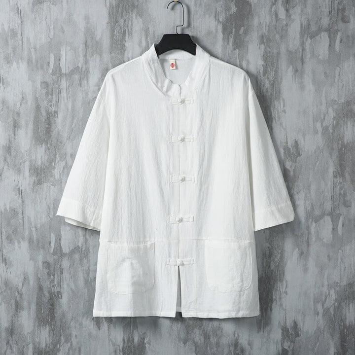 Buddha Stones Jednokolorowy garnitur Tang z żabą i guzikami Męska koszula lniana z krótkim rękawem i kieszeniami - Biały - US/UK/AU46， EU56 (5XL) - image 2