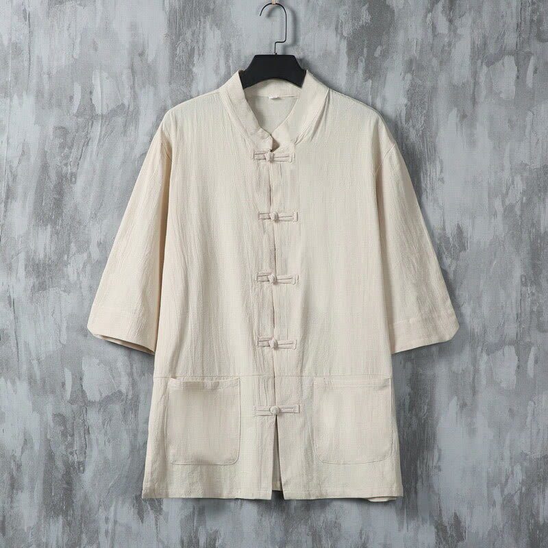 Buddha Stones Jednokolorowy garnitur Tang z żabą i guzikami Męska koszula lniana z krótkim rękawem i kieszeniami - Bielizna - US/UK/AU46， EU56 (5XL) - image 0