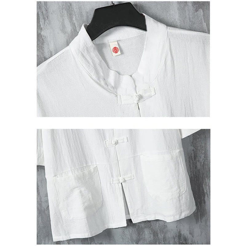 Buddha Stones Jednokolorowy garnitur Tang z żabą i guzikami Męska koszula lniana z krótkim rękawem i kieszeniami - image 5