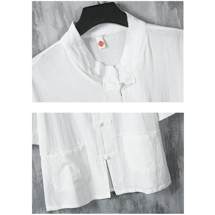 Buddha Stones Jednokolorowy garnitur Tang z żabą i guzikami Męska koszula lniana z krótkim rękawem i kieszeniami - image 5