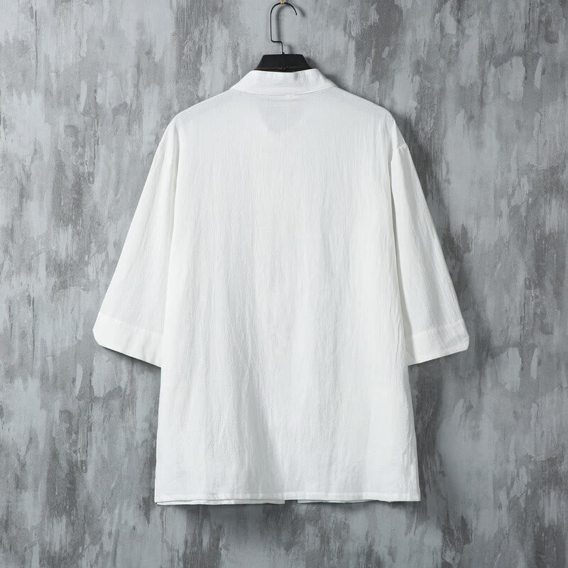 Buddha Stones Jednokolorowy garnitur Tang z żabą i guzikami Męska koszula lniana z krótkim rękawem i kieszeniami - image 3