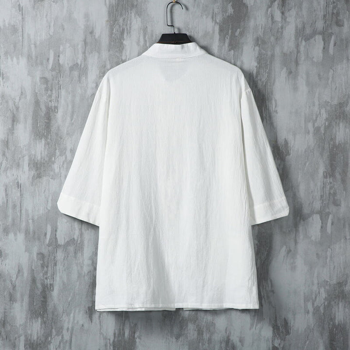 Buddha Stones Jednokolorowy garnitur Tang z żabą i guzikami Męska koszula lniana z krótkim rękawem i kieszeniami - image 3