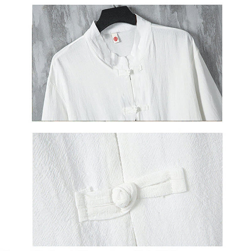 Buddha Stones Jednokolorowy garnitur Tang z żabą i guzikami Męska koszula lniana z krótkim rękawem i kieszeniami - image 4