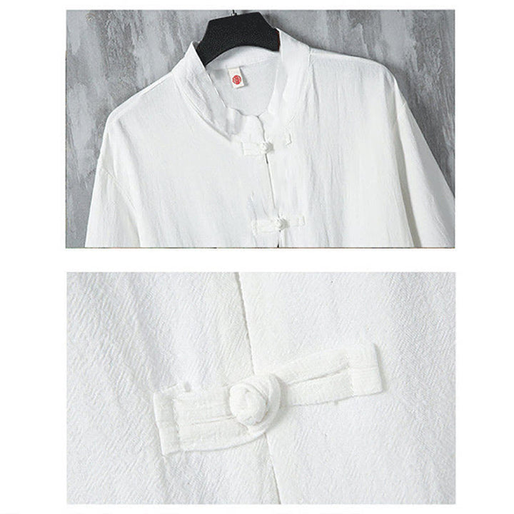 Buddha Stones Jednokolorowy garnitur Tang z żabą i guzikami Męska koszula lniana z krótkim rękawem i kieszeniami - image 4