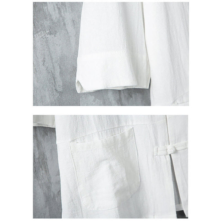 Buddha Stones Jednokolorowy garnitur Tang z żabą i guzikami Męska koszula lniana z krótkim rękawem i kieszeniami - image 6