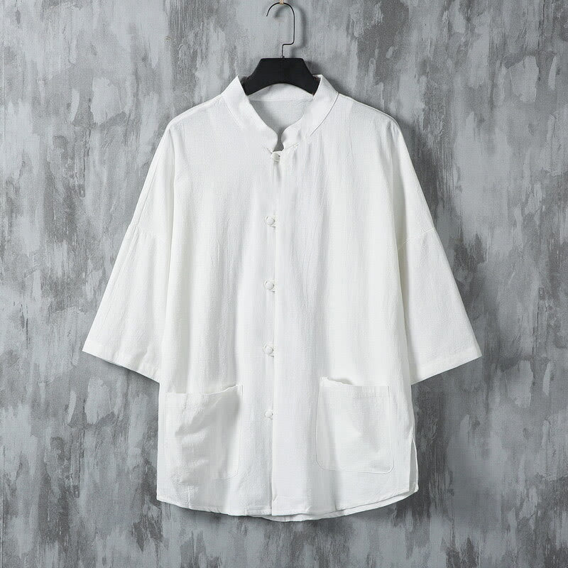 Koszula męska z lnianymi rękawami i kieszeniami w jednolitym kolorze z motywem Buddha Stones - Biały - US/UK/AU46， EU56 (5XL) - image 2