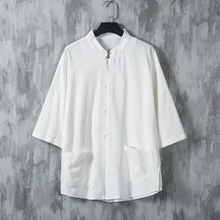 Koszula męska z lnianymi rękawami i kieszeniami w jednolitym kolorze z motywem Buddha Stones - Biały - US/UK/AU46， EU56 (5XL) - image 2