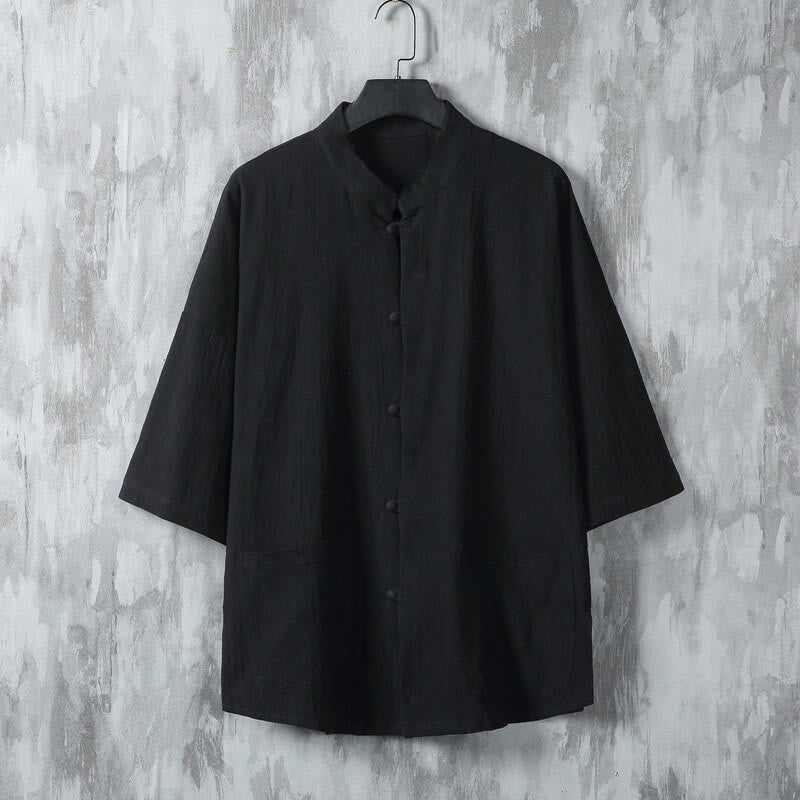 Koszula męska z lnianymi rękawami i kieszeniami w jednolitym kolorze z motywem Buddha Stones - Czarny - US/UK/AU46， EU56 (5XL) - image 7