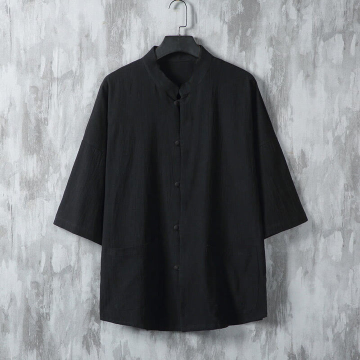 Koszula męska z lnianymi rękawami i kieszeniami w jednolitym kolorze z motywem Buddha Stones - Czarny - US/UK/AU46， EU56 (5XL) - image 7