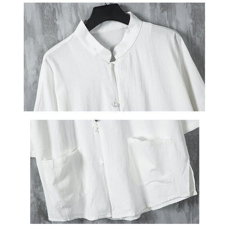 Koszula męska z lnianymi rękawami i kieszeniami w jednolitym kolorze z motywem Buddha Stones - image 4